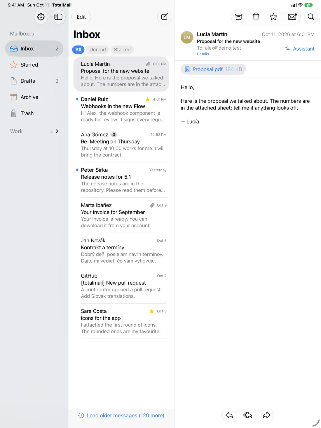 TotalMail auf dem iPad mit der Nachrichtenliste und der geöffneten Nachricht