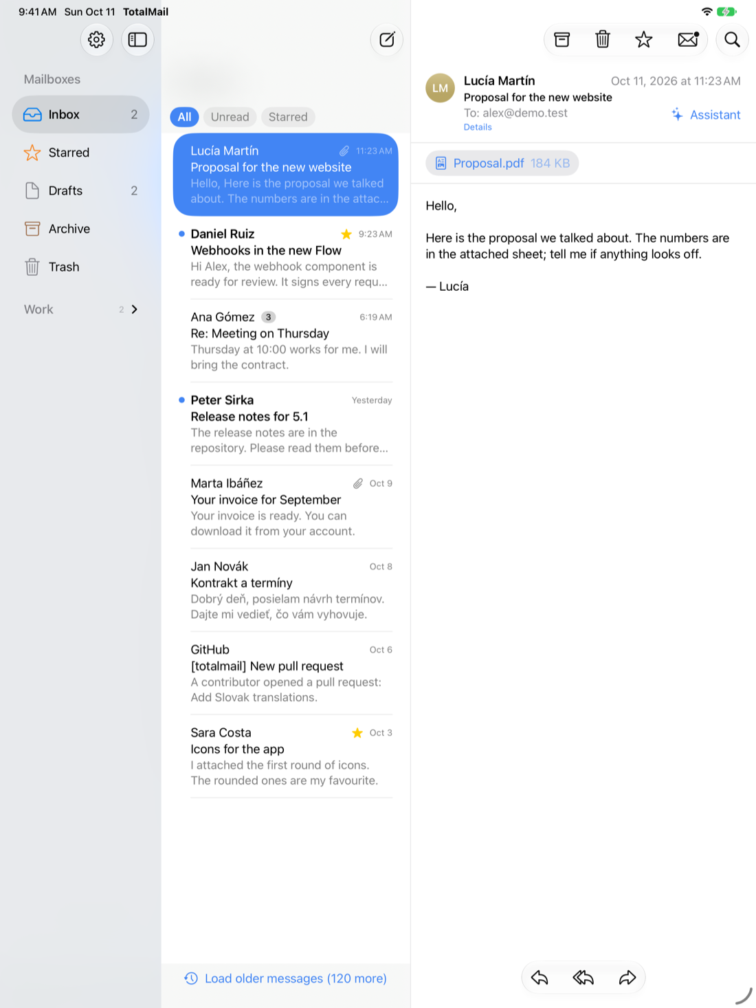 TotalMail on iPad with the list of messages and the open message