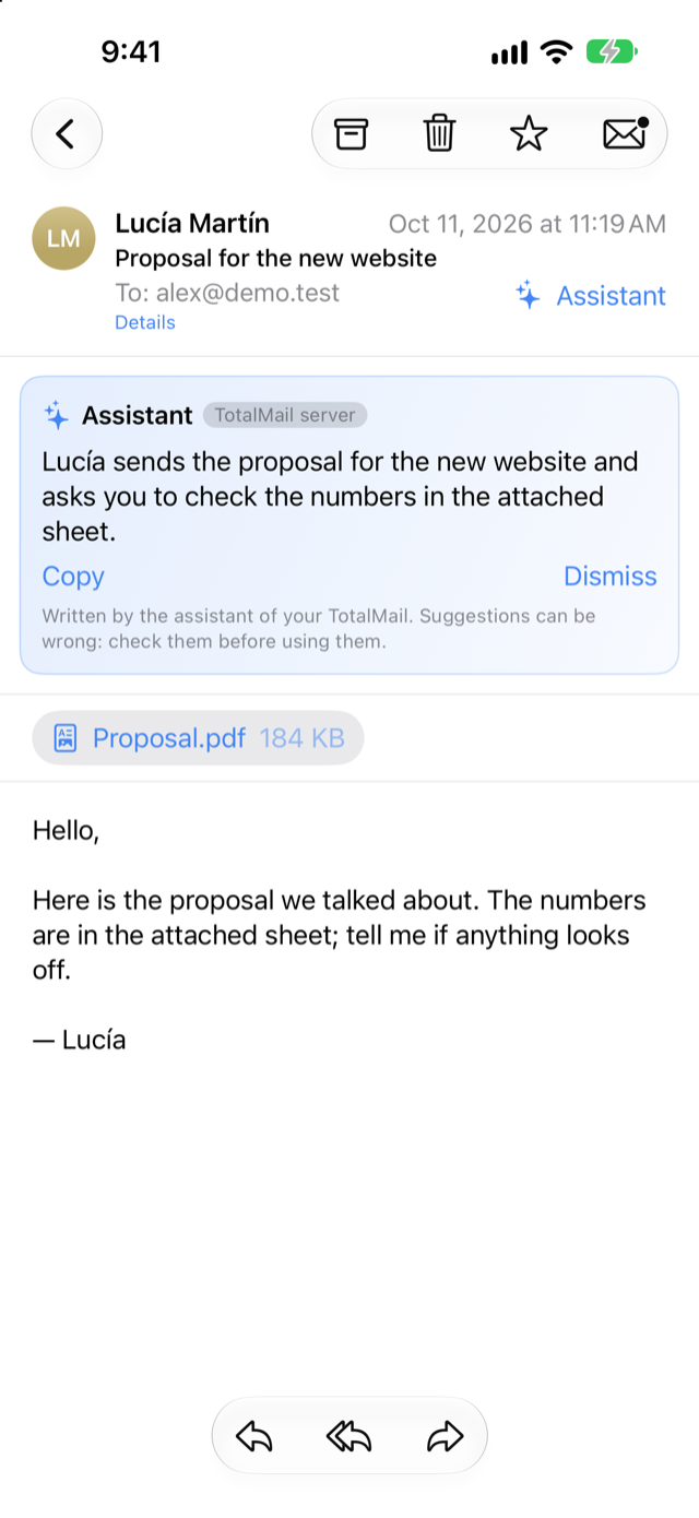 TotalMail on iPhone showing a message with a summary written by the assistant