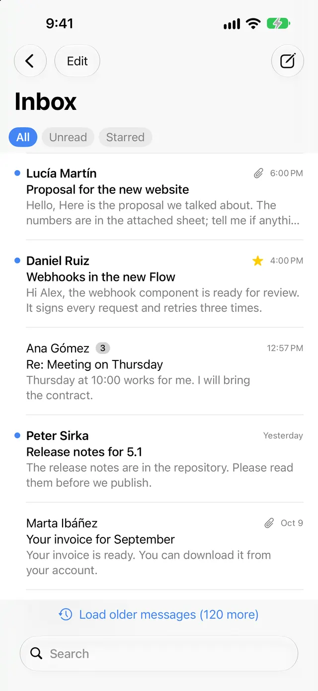 TotalMail auf dem iPhone mit dem Posteingang und Filtern