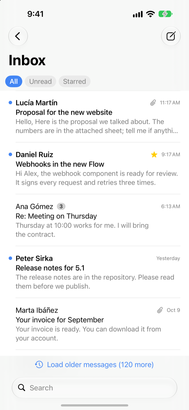 TotalMail on iPhone showing the inbox with filters