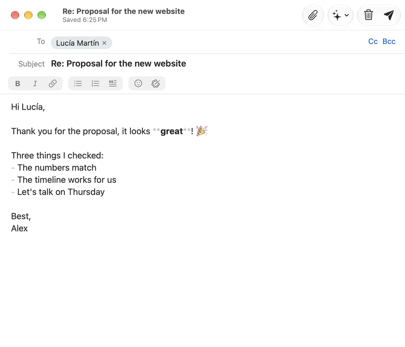 Der TotalMail-Editor auf dem Mac: Empfänger als Etiketten, eine Formatierungsleiste und die Live-Darstellung von Fett und Listen