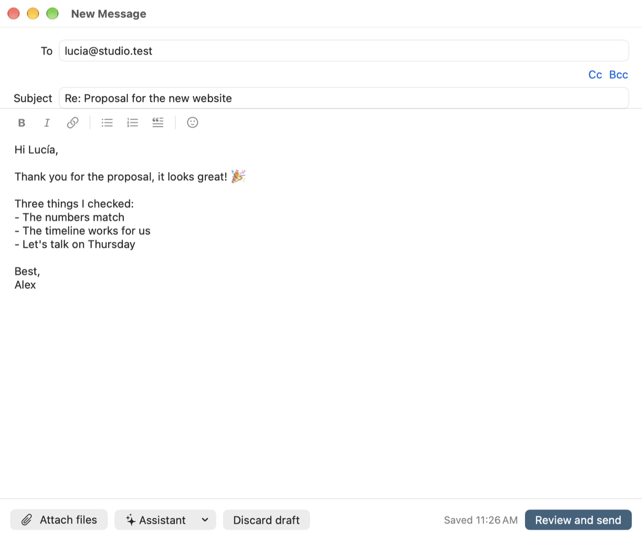 The TotalMail composer on the Mac with the formatting bar and emoji
