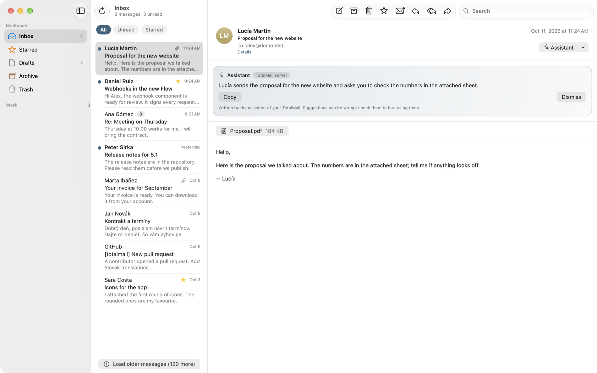 TotalMail on the Mac: the inbox, a message and a summary written by the assistant