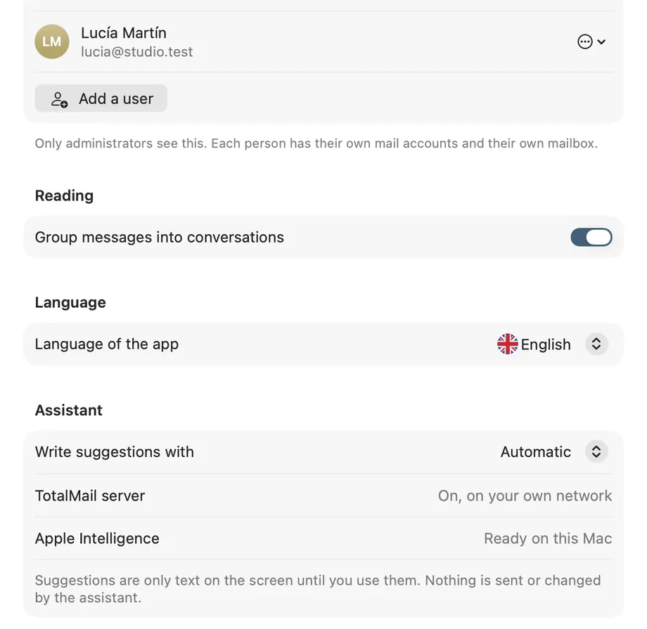 Die Einstellungen von TotalMail auf dem Mac: Sprache, Assistent und Leseoptionen