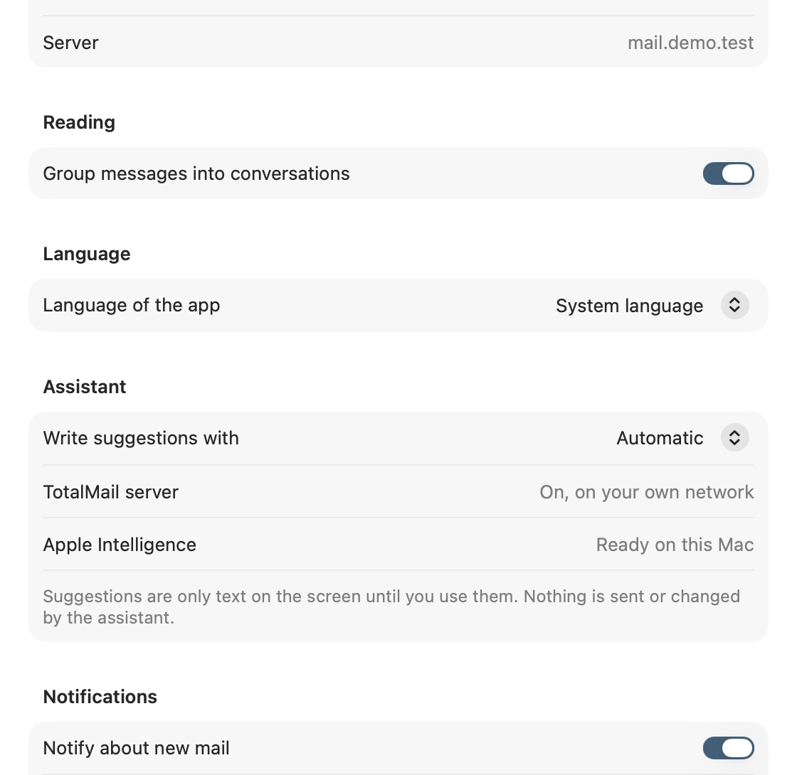 TotalMail settings on the Mac: language, assistant and reading options