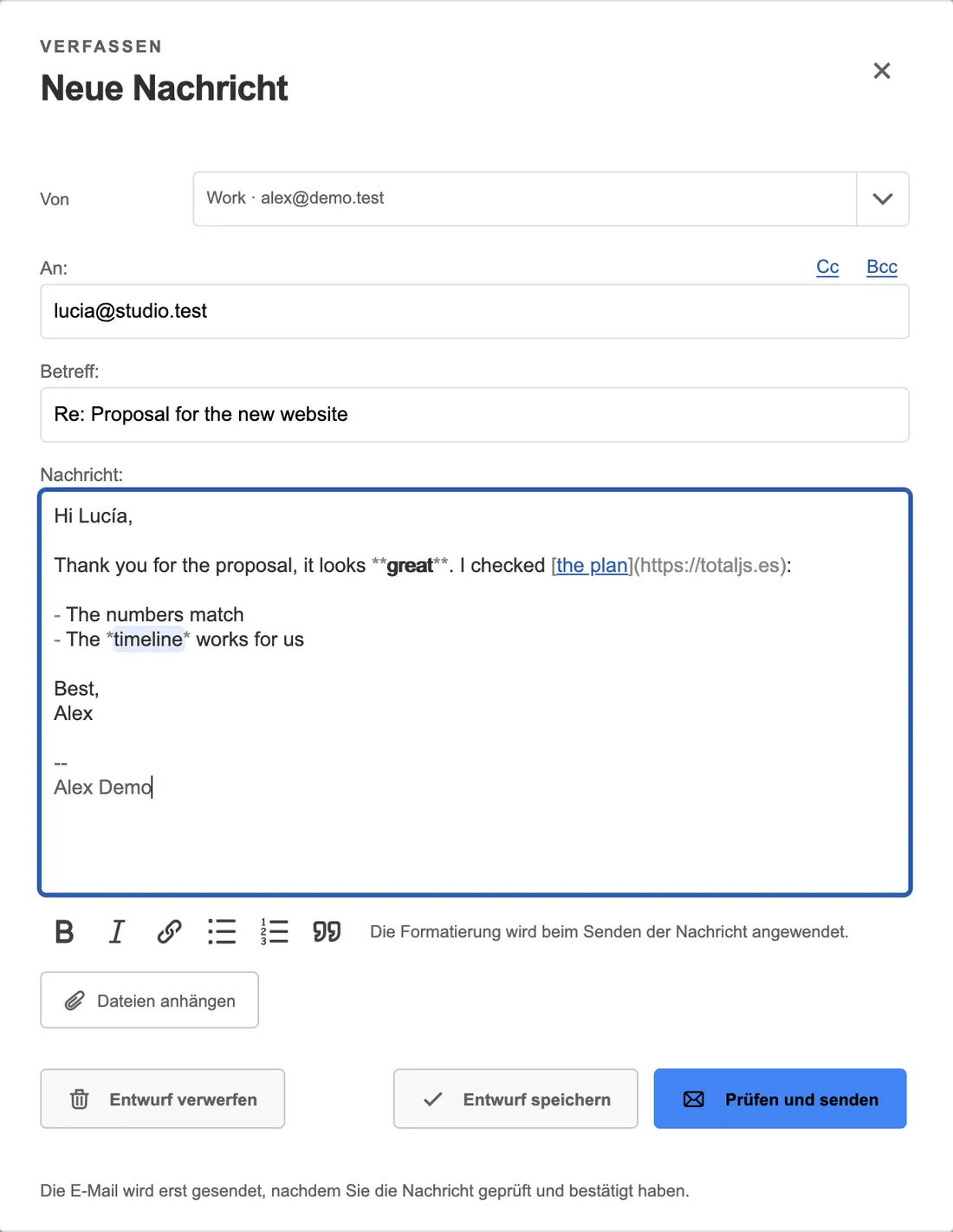 Der Web-Editor von TotalMail: Absender, Empfänger, Betreff, Nachricht und eine Formatierungsleiste