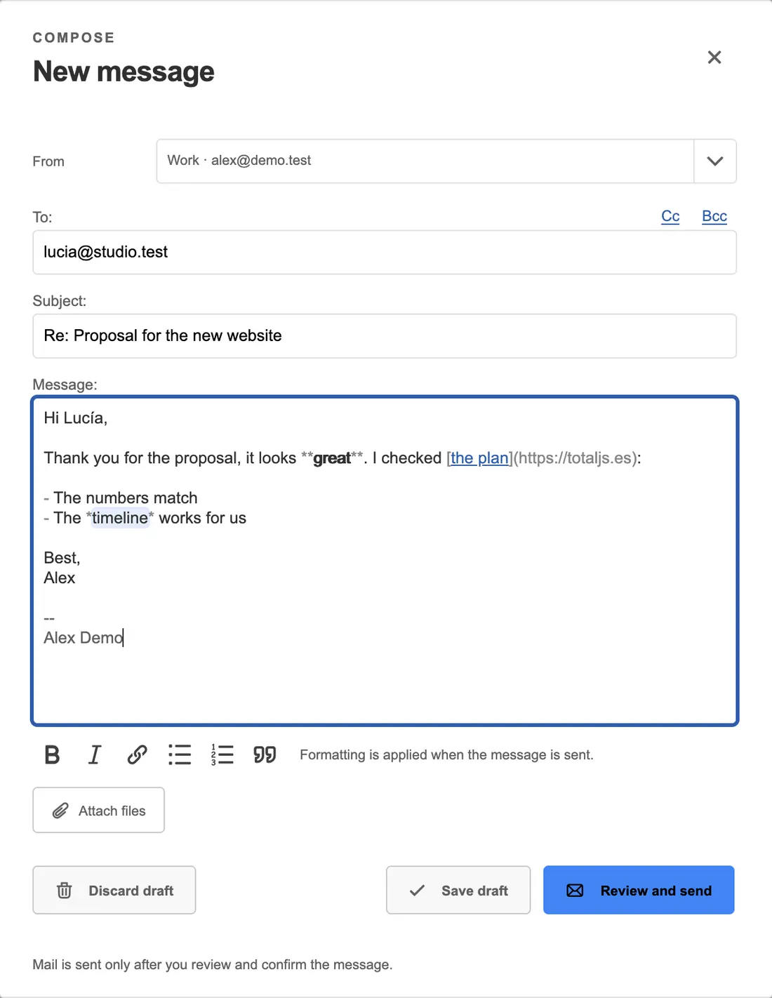 Webowy kompozer TotalMail: wysyłacz, odbiorca, temat, wiadomość oraz pasek formatowania