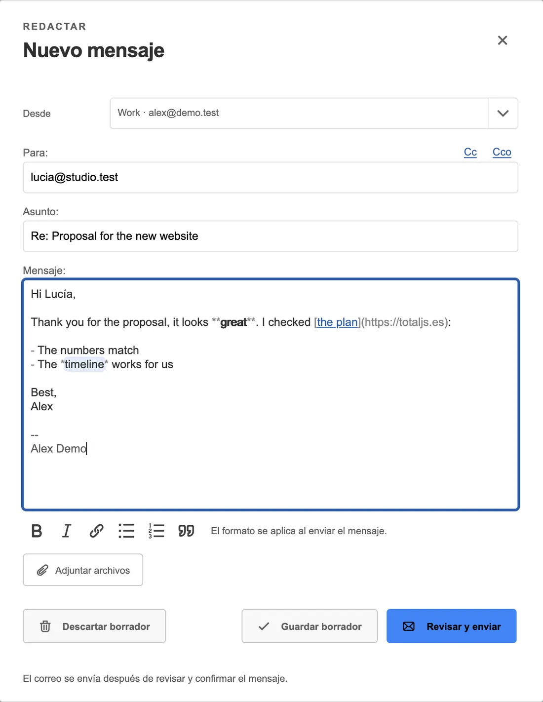 El redactor web de TotalMail: remitente, destinatario, asunto, mensaje y una barra de formato