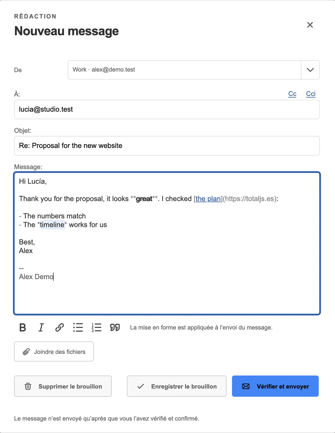 Le rédacteur web de TotalMail : expéditeur, destinataire, objet, message et barre de mise en forme