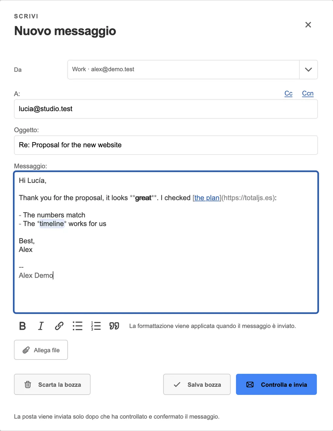 Lo scrittore web di TotalMail: mittente, destinatario, oggetto, messaggio e una barra di formattazione