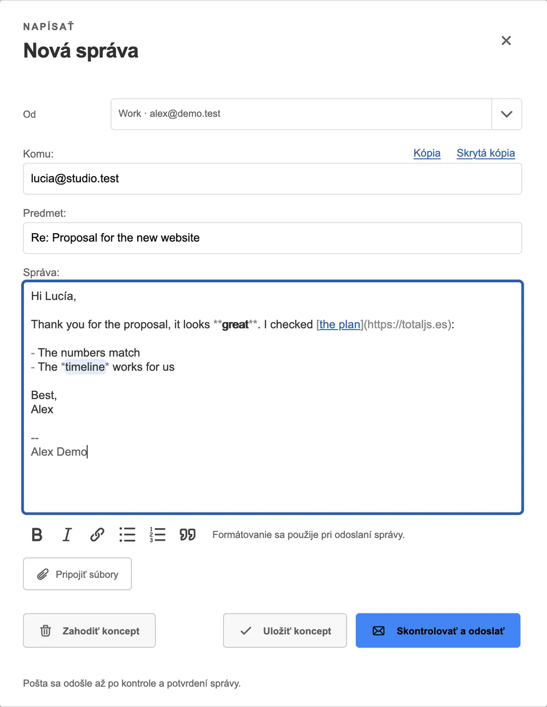 Webové písanie správ v TotalMail: odosielateľ, adresát, predmet, správa a panel formátovania